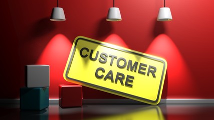 CUSTOMER CARE yellow sign at red wall - 3D rendering illustration