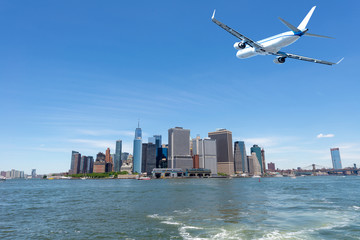 Skyline of lower Manhattan view from ferry