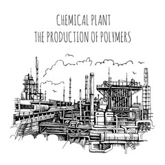 Obraz premium Chemical plant, the production of polymers, hand-drawn vector sketch