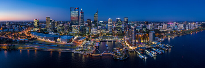 Perth Australia November 5th 2019:  Aerial panoramic view of the beautiful city of Perth on the Swan river at dusk