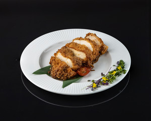 Chicken fillet, cherry soba noodles, tonkatsu sauce, breadcrumbs.