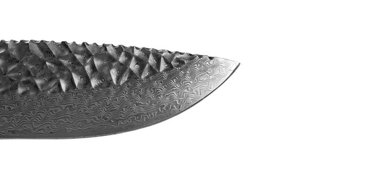 Background with pattern of damask steel blade. Close up. Macro shot of a damascus steel knife blade texture. Damascus steel blade pattern isolated on white. Damascus steel with original pattern © Aleksei