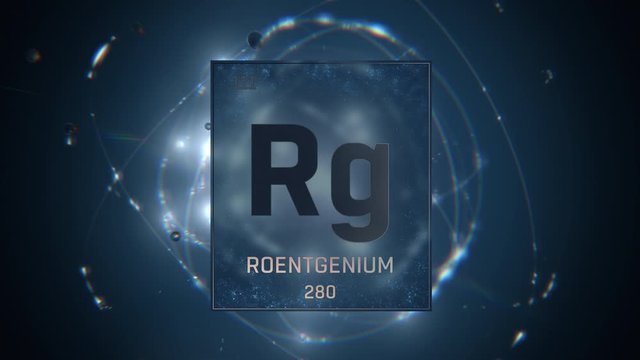 Roentgenium as Element 111 of the Periodic Table. Seamlessly looping 3D animation on blue illuminated atom design background with orbiting electrons. Design shows name, atomic weight and element numbe