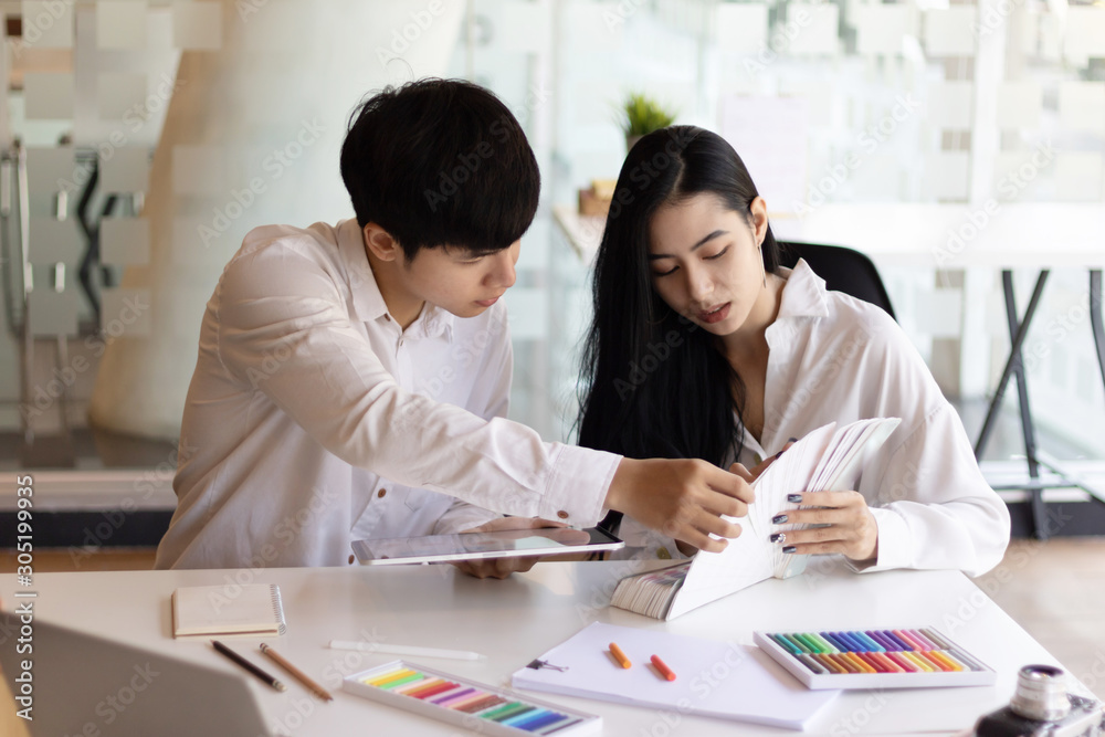Wall mural designer girl or programmer drawing website ux layout app development