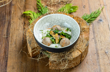Duck cutlets with mushrooms and parmesan mousse