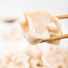 Fresh, delicious boiled pork, shrimp gyoza dumplings on white background with soy sauce and chopsticks, close up, lifestyle. Homemade design concept.