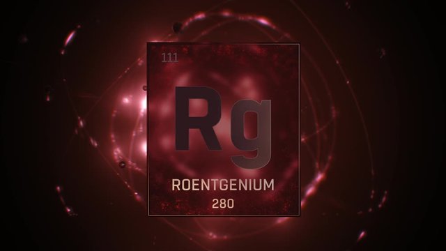 Roentgenium as Element 111 of the Periodic Table. Seamlessly looping 3D animation on red illuminated atom design background with orbiting electrons. Design shows name, atomic weight and element number