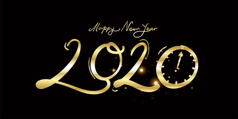 Fototapeta na wymiar Happy New Year 2020 - New Year Shining background with gold clock and glitter