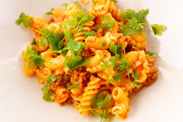 traditional pasta with meat and herbs in a beige plate