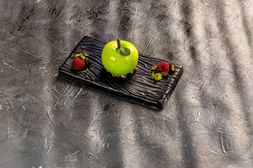 Apple confit with white chocolate mousse and almond barbecue