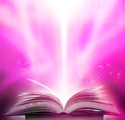 Imagine a picture book of an ancient book opened on a wooden table with a sparkling golden background. With magical power, magic, lightning around a glowing glowing book In the room of darkness