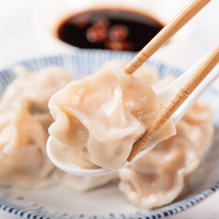 Fresh, delicious boiled pork, shrimp gyoza dumplings on white background with soy sauce and chopsticks, close up, lifestyle. Homemade design concept.