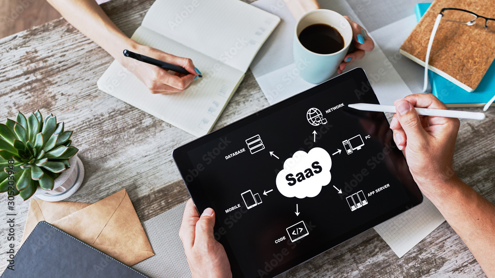 Sticker saas - software as a service. internet and technology concept.
