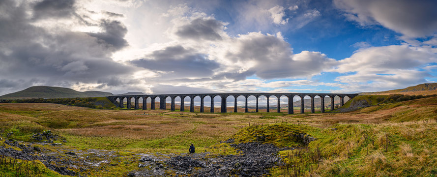 Panorama of Ribblehead Viaduct, which carries the Settle to Carlisle Railway across Batty Moss spanning 400 m and 32 m above the valley floor