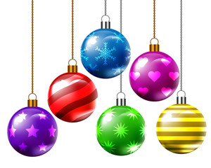 Vector illustration of six Christmas balls, different patterns and colors.