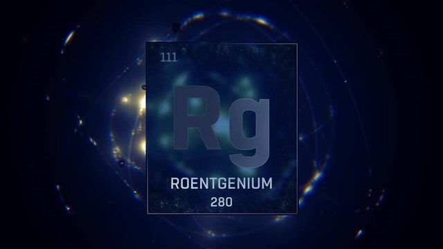 Roentgenium as Element 111 of the Periodic Table. Seamlessly looping 3D animation on blue illuminated atom design background with orbiting electrons. Design shows name, atomic weight and element numbe