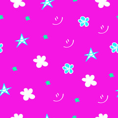 Children's drawing style, flowers and stars abstract pattern. Colorful background.