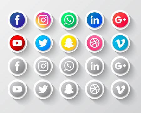 Set Of Popular Social Media Icons - Facebook, Youtube, Instagram, Twitter, Whatsapp, Snapchat, Linkedin, Dribbble, Google Plus, Vimeo