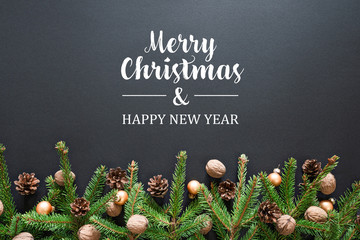 Merry Christmas and happy new year. Banner, Christmas greeting card - white letters on a dark black...