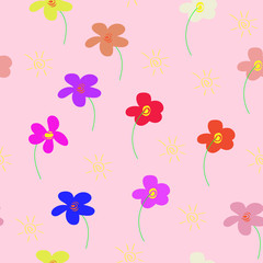 Children's drawing style, flowers pattern. Colorful flowers on blue background. Color design.