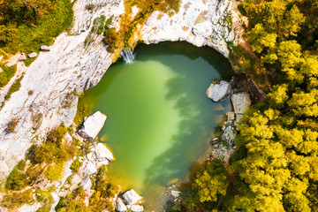 Beautiful waterfall Zarecki Krov on Pazincica River near Pazin in Istria, Croatia, overhead view