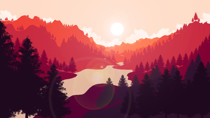 Beautiful landscape Background 2D illustration. Monochromatic Landscape with deep valleys, sunrise, sunset.