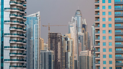 Obraz premium Modern skyscrapers in Dubai Marina early morning during sunrise, close up, in Dubai, UAE