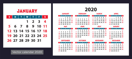 Calendar 2020 vector pocket basic grid. Simple design template. Color calender. New year