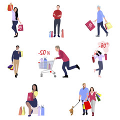People with shopping bags, gifts and packs from retail and shop