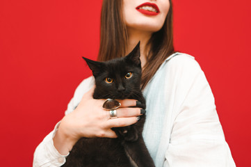 Portrait of a little black cat in the hands of a happy female owner, cat looking into the camera. Pet in woman hugging on red background. Isolated. Copy space