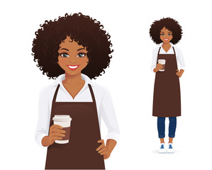 Waitress or barista. Smiling woman with afro hairstyle in black apron holding coffee cup isolated vector illustration - obrazy, fototapety, plakaty