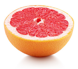 Front view of half grapefruit citrus fruit isolated on white background. Grapefruit half with...