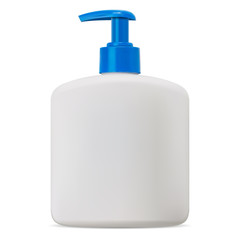 Pump bottle. Cosmetic soap package mockup blank. Plastic hand cream dispenser. Medicine treatment valve tube. White plastic liquid wash can mock up