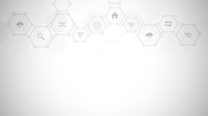 Technology background with flat icons and symbols. Concept and idea for internet of things, communication, network, innovation technology, system integration. Vector illustration.