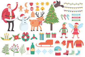 Fototapeta premium Collection of Merry Christmas holiday set for decoration, happy winter season festival , Santa Claus, snowman, reindeer, gifts and stuffs for celebration. cartoon character vector flat illustration