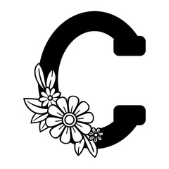 Letter C, floral alphabet. Black and white vector illustration