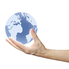 Hand holding model of the Earth, isolated on white background