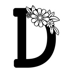 Letter D, floral alphabet. Black and white vector illustration