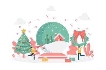 concept of Christmas decoration with snow globe, wreath, pine tree and candy cane, flat vector illustration for web, landing page, ui, banner, editorial, mobile app and flyer.