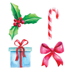 Watercolor Christmas set. Watercolor candy cane. Watercolor gift. Watercolor holly. Watercolor red bow.
