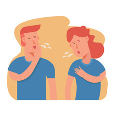 two young couple having illness, running nose, cold, symptom of influenza, health problem, sickness, woman and man are coughing isolated on white background. flat character cartoon vector illustration