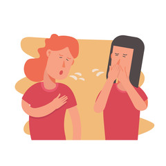 unhealthy two young people having illness, cold, running nose, symptom of influenza, health problem, sickness, illness, disease, women are coughing. flat character cartoon vector illustration style