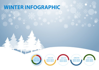 Winter infographic of round labels with half colored markings ready for your text. Winter snow landscape with trees and snowflakes is in the background. 