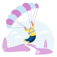 Active Senior Man Skydiver Sports Activity Hobby Pensioner Floating in Sky with Chute. Happy Aged White Haired Character Skydiving Extreme Sport Jumping with Parachute Cartoon Flat Vector Illustration