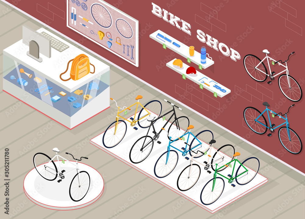 Sticker bicycle shop isometric background