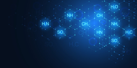 Naklejka premium Abstract chemistry pattern on dark blue background with chemical formulas and molecular structures. Template design with concept and idea for science and innovation technology.