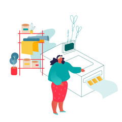 Woman Working in Printing House or Advertising Agency Standing near Polygraphy Equipment. Designer Worker Producing Colorful Press Consumable Typography Ad Material Cartoon Flat Vector Illustration