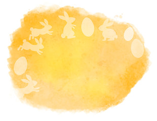 Watercolor painted orange and yellow abstract spot with silhouettes of easter rabbits and eggs with copy space. Easter concept illustration. Isolated on white background. Computer generated splash.
