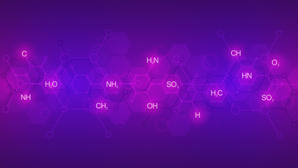 Abstract chemistry pattern on purple background with chemical formulas and molecular structures. Science and innovation technology concept.