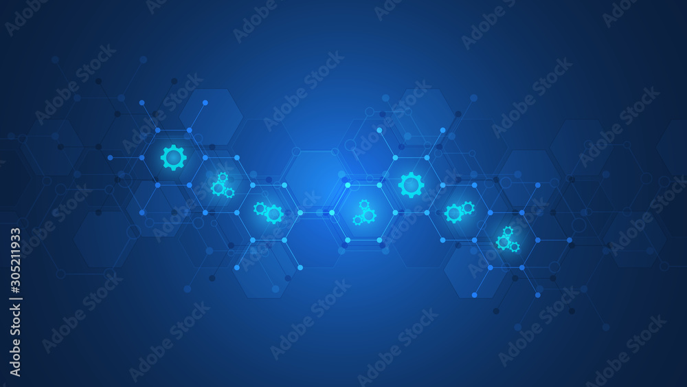 Poster Abstract technical background with gears and cogs icons. Template design for innovation technology.